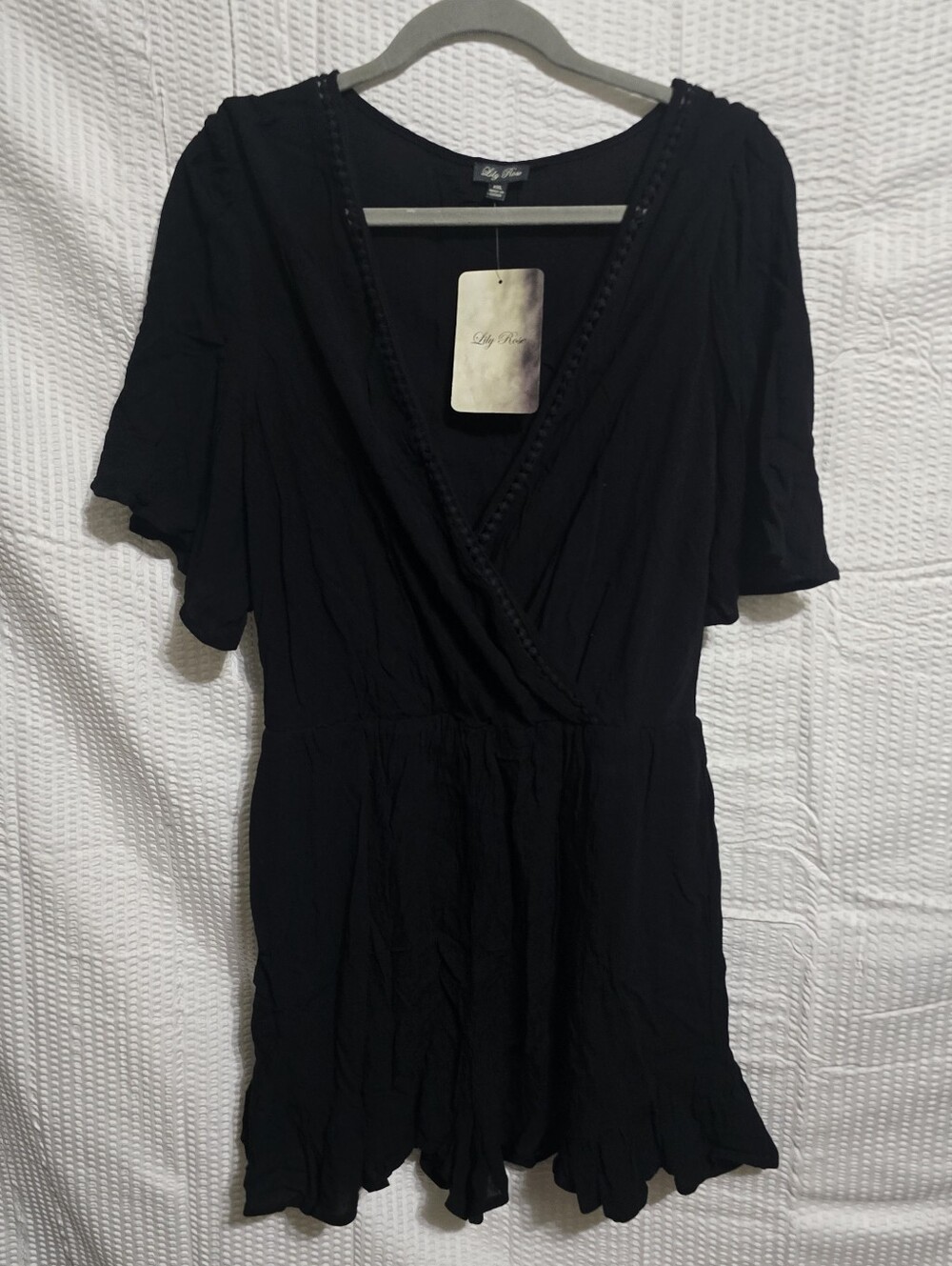 Lily Rose Black Romper XXL Wrap Front Ruffle Hem